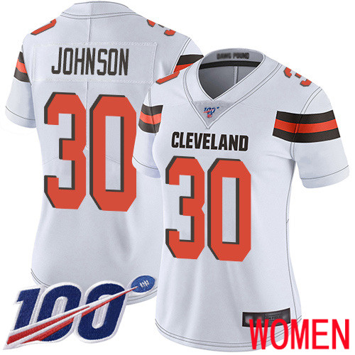 Cleveland Browns D Ernest Johnson Women White Limited Jersey #30 NFL Football Road 100th Season Vapor Untouchable->women nfl jersey->Women Jersey